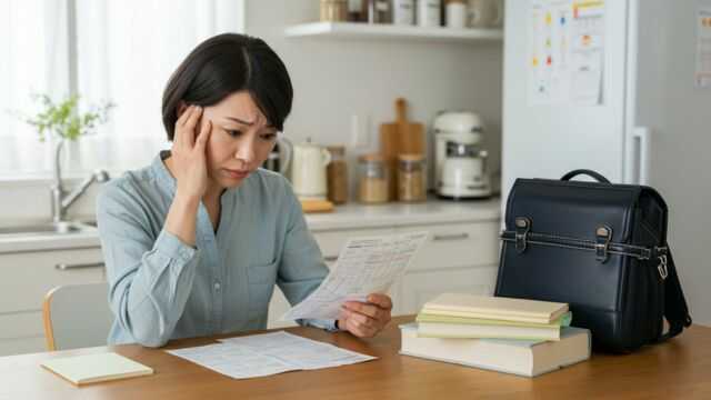 教育費の計算に悩む日本人の親。テーブルには請求書やカレンダーが広がっている。