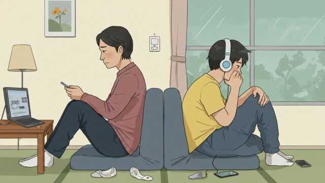 同じ部屋にいるが距離を感じる親子。子どもはスマホに夢中で、親は深く考え込んでいる。