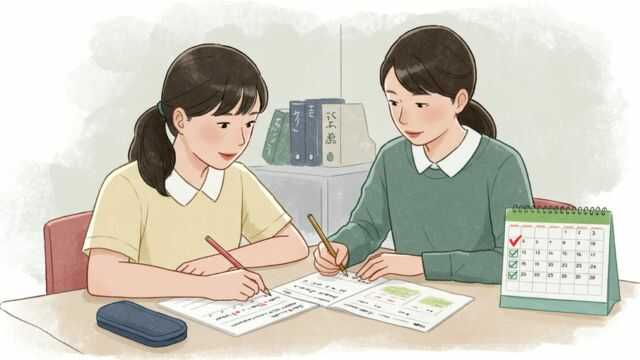自宅で落ち着いて話し合う親子。ノートを前に穏やかな雰囲気で対話している。