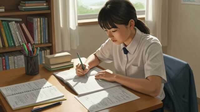 ワークシートや文房具を使って机で自主学習する中学生。自然光が差し込む明るい学習環境。