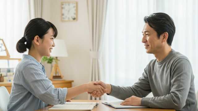 話し合いの後、笑顔で納得し合う親子の姿。信頼関係が感じられる家庭の一場面。