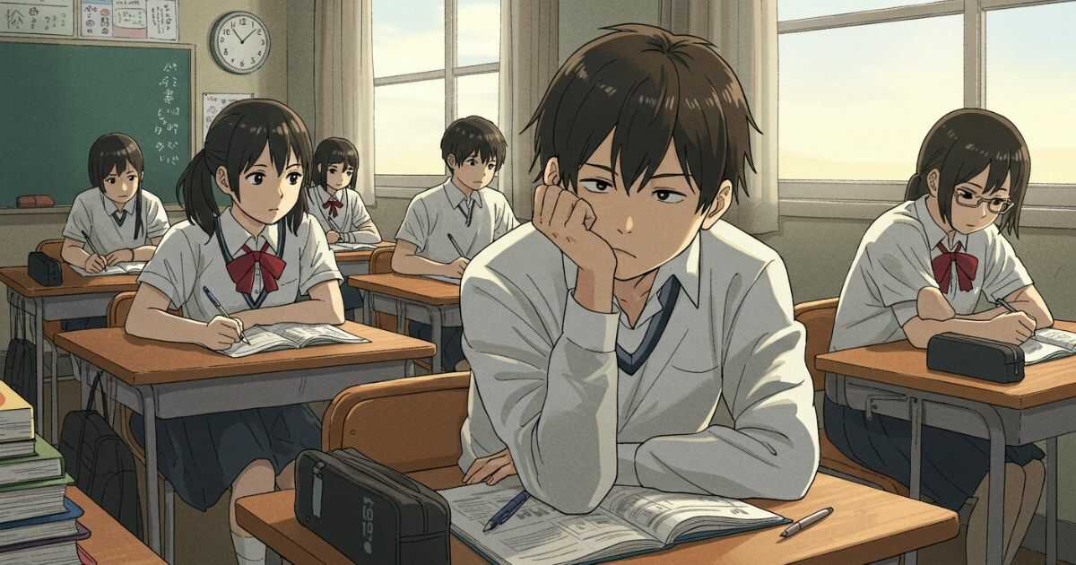 塾の教室でぼんやり窓を見つめる日本人中学生。他の生徒と対照的に集中していない様子。