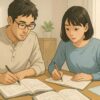 大人の男女が自宅で高校数学を再学習している様子