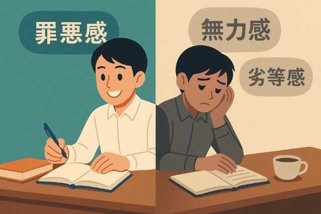 理想の自分と現実に悩む学生の二面イラスト